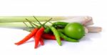 Hot Chilli, Lime, Lemongrass Isolated On White Background Stock Photo