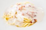 Closeup Dish Of Spaghetti Carbonara Stock Photo