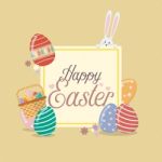 Happy Easter Banner Template With Bunny Rabbit And Eggs Stock Photo