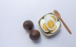 Hard Boil Egg With Wooden Salt And Papper Shaker Stock Photo