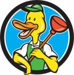 Duck Plumber Holding Plunger Circle Cartoon Stock Photo