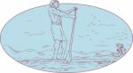 Guy Stand Up Paddle Tropical Island Oval Drawing Stock Photo