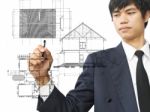 Man Drawing Architecture Home Stock Photo