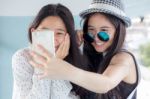 Two Asia Thai Teen Best Friends Girls Make Picture Selfie Pic Stock Photo