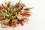 Part Of Spicy Dressed Salad Prawn In Round Plate Stock Photo