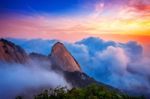 Bukhansan Mountains Is Covered By Morning Fog And Sunrise In Bukhansan National Park, Seoul In South Korea Stock Photo