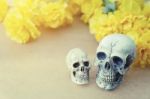 Still Life Of Love Human Skull Couple With Yellow Flower Stock Photo