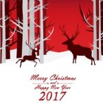 Merry Christmas And Happy New Year With Reindeer On Red Christmas Tree Background Stock Photo