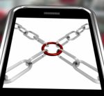 Chains Joint On Smartphone Shows Secure Link Stock Photo