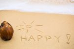 Inscription Of Word Happy With Exclamation Mark Written On Wet Y Stock Photo