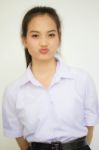 Portrait Of Thai High School Student Uniform Teen Beautiful Girl Happy And Relax, Stock Photo