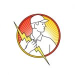 Electrician Holding Lightning Bolt Circle Monoline Stock Photo