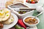 Goose Liver And Sauternes Pate With Peppers, Tomatoes, Sliced Br Stock Photo