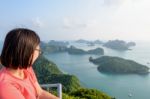 Woman On Peak Looking Beautiful Nature Stock Photo