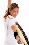 Smiling Tennis Player With Racket Stock Photo