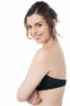 Stunning Young Model Wearing Trendy Strapless Brazier Bra Stock Photo