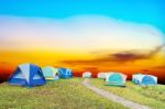 Tourist Tent With Beautiful Sunset Background Stock Photo