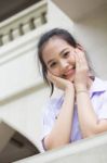 Portrait Of Thai High School Student Uniform Teen Beautiful Girl Happy And Relax, Stock Photo