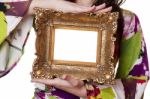 Woman Holding An Picture Frame Stock Photo