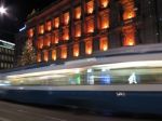 Moving Tram At Night Stock Photo