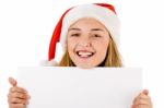 Santa Woman Holding White Board Stock Photo