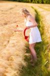 Lonely Beautiful Young Blonde Girl In White Dress With Straw Hat Stock Photo