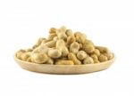 Dried Peanuts In Wood Cup Isolated On White Background Stock Photo