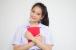 Asia Thai High School Student Uniform Beautiful Girl Read A Book Stock Photo