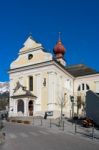 View Of The Parish Church In Ortisei Stock Photo