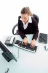 High Angle View Of Woman Working On Computer Stock Photo