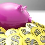 Piggybank Surrounded In Coins Showing American Wealth Stock Photo