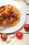 Italian Seafood Spaghetti Pasta On Red Tomato Sauce Stock Photo