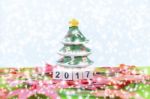 Merry Christmas And Happy New Year Background  And Number 2017 Text Stock Photo