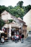 People Outside An Ice Cream Shop In Krumlov Stock Photo