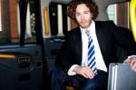 Handsome Business Corporate Inside Taxi Cab Stock Photo