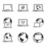 Internet Icons, Laptop And Earth Globe Icon Stock Photo