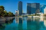 View Across Bellagio Lake To Various Hotels And Casinos Stock Photo