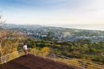 Traveler On View Point Hua Hin City At Sunrise Stock Photo