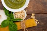 Italian Traditional Basil Pesto Pasta Ingredients Stock Photo