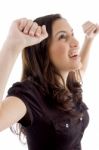 Happy Young Woman Looking Upward Stock Photo