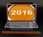 Two Thousand And Sixteen On Laptop Shows New Year 2016 Stock Photo