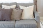 Modern Grey Sofa With Pillows Stock Photo