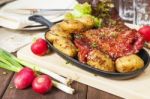 Bacon Rib And Potatoes. Farmhouse Style Meal Stock Photo