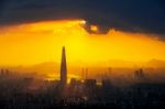 Sunset And Beautiful Sky At Lotte World Mall In Seoul,south Korea.the Best View Of South Korea At Namhansanseong Fortress.( Dark Tone) Stock Photo