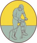 Construction Worker Operating Jackhammer Oval Drawing Stock Photo