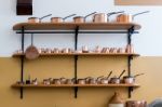 Shelves Full With Copper Saucepans Stock Photo