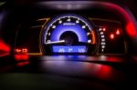 Modern Car Instrument Dashboard Panel In Night Time Stock Photo