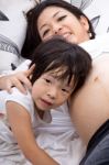 Wonderful Pregnant Woman And Her Children Stock Photo