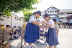 Student 9-10 Years Old, Scout In Adventure Activities, Scout Camp School Bangkok Thailand Stock Photo