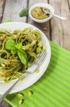 Homemade Spinach Pasta With Pesto Stock Photo